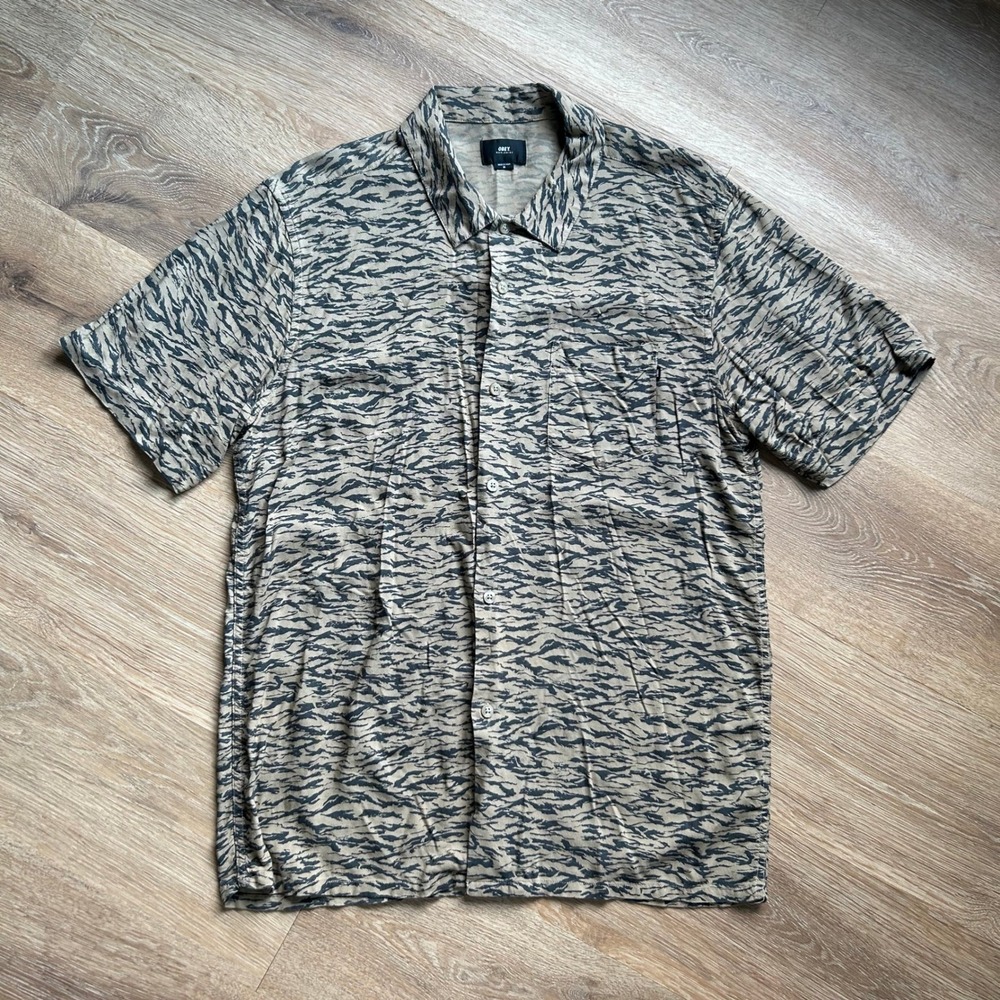 Obey Mens Tiger Stripe Camo Viscose Short Sleeve Button Up Shirt Brown Tan M